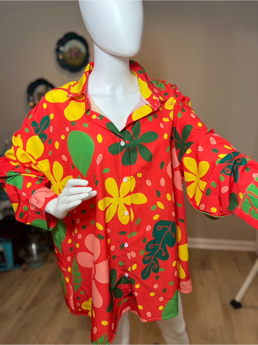 Women’s Floral Red Button-Up Blouse